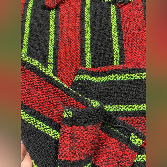 Vintage Mexican Baja Hoodie Pullover Striped Woven Sweater – Red Black Green - Picture 9 of 12
